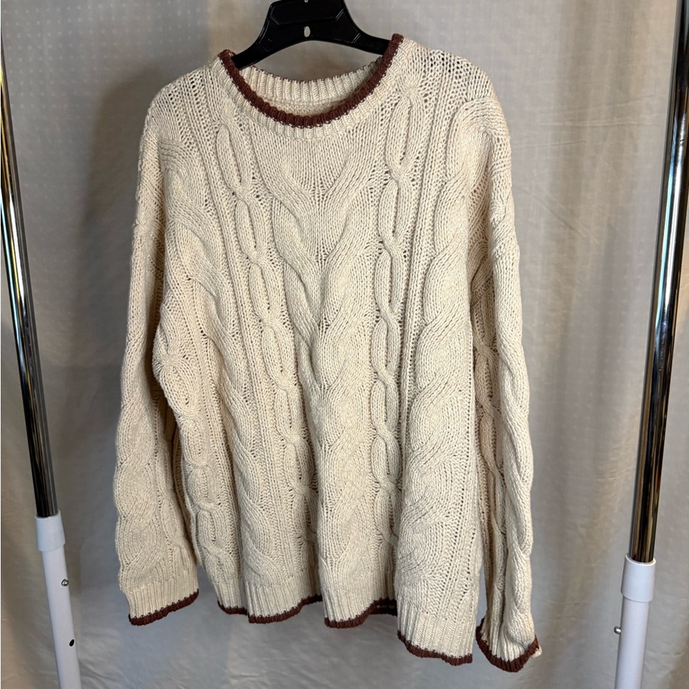 Women's Cream Cable Knit Sweater with Brown Trim